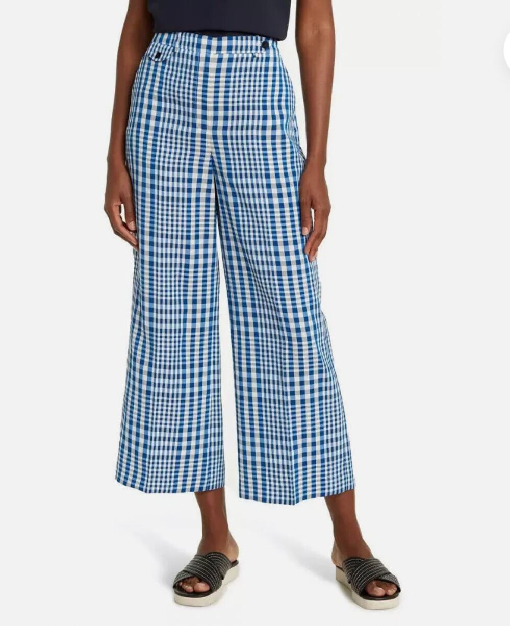 Theory Nadeema Pants Women 2 Blue Plaid Linen Blend Wide Leg Crop Coastal